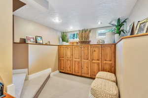 Sitting room with light carpet and a textured ceiling