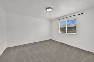 Carpeted empty room with baseboards and a textured ceiling