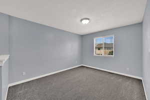 Empty room with carpet and a textured ceiling