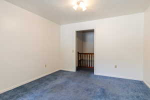 Empty room with dark colored carpet and baseboards