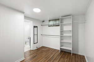 Spacious closet with dark wood-style floors