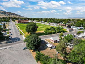 Aerial view of residential area with mountains