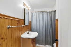 Full bathroom with vanity, a wainscoted wall, and curtained shower