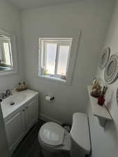 Half bath featuring vanity, healthy amount of natural light, and wood finished floors