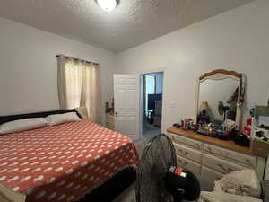 Carpeted bedroom featuring multiple windows and a textured ceiling