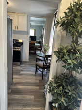 Corridor featuring dark wood-style flooring