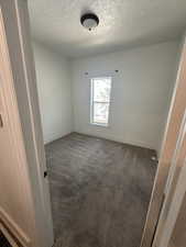 Empty room featuring a textured ceiling and carpet floors