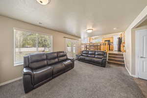 Living room featuring a textured ceiling and dark carpet