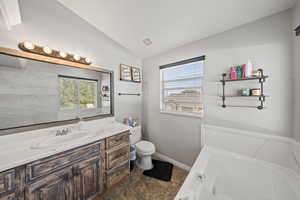 master bathroom featuring vaulted ceiling, a garden tub, and vanity