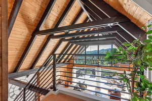Detailed view of a wooden ceiling with exposed beams