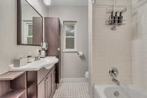 Full bathroom featuring vanity and shower / bath combination