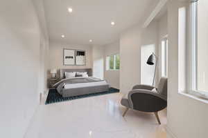 Bedroom featuring recessed lighting and marble tiled flooring