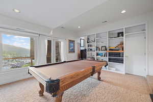 Game room with carpet flooring, recessed lighting, and billiards table