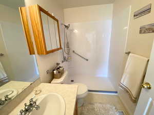 Bathroom with a shower stall and vanity