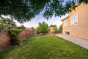 Fenced backyard featuring a patio