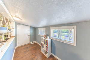 Entrance foyer with a textured ceiling, dark wood finished floors, lofted ceiling, and a textured wall
