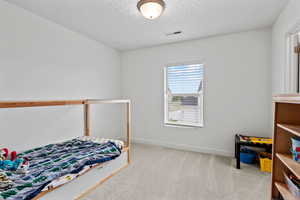 Carpeted bedroom with a walk-in closet