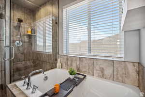 Bathroom with a garden tub and a shower stall