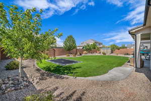 Fenced backyard featuring a patio