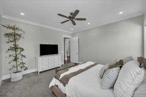Bedroom with crown molding, carpet flooring, recessed lighting, and ceiling fan