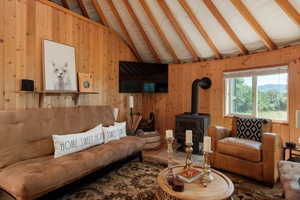 Living area with a wood stove and wooden walls
