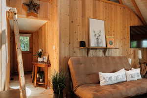 Living area with wood walls and wood finished floors