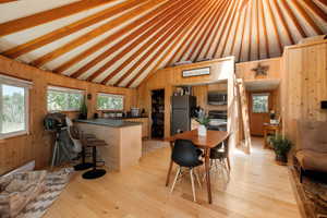 Kitchen with stainless steel appliances, vaulted ceiling, wooden walls, dark countertops, and a peninsula