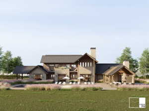 Stone and wood-clad exterior with multiple covered patios