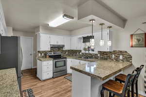 Kitchen featuring appliances with stainless steel finishes, a peninsula, white cabinetry, and backsplash
