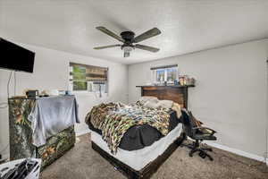 Bedroom with carpet flooring, multiple windows, a ceiling fan, and a textured ceiling