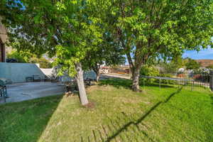 Fenced backyard with a trampoline and a patio area