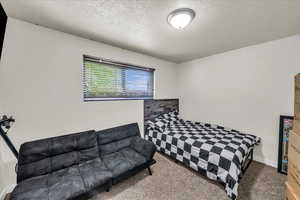 Carpeted bedroom with a textured ceiling