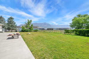 View of yard featuring a mountain view, a storage unit, and a patio area