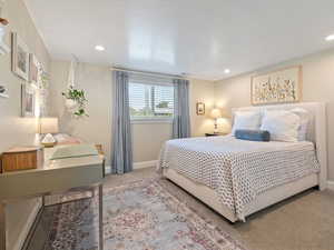 Carpeted bedroom featuring recessed lighting