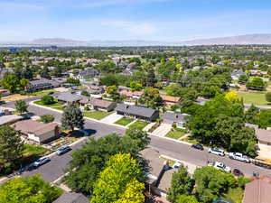 Aerial view of residential area with mountains