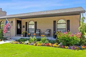Doorway to property with a porch, a lawn, and a shingled roof