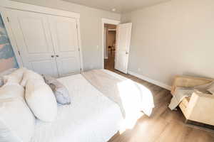 Bedroom with wood finished floors and a closet