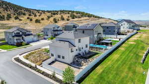 Aerial view of residential area with mountains