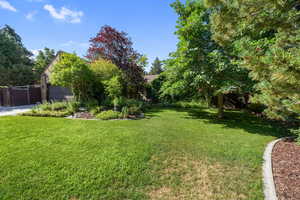 View of grassy yard featuring an attached garage and concrete driveway