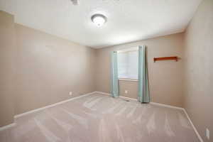 Spare room featuring light carpet and a textured ceiling