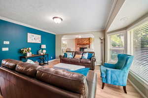 Living room with plenty of natural light, light wood finished floors, crown molding, a fireplace, and arched walkways