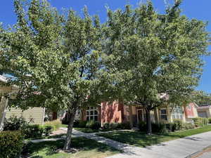 View of property hidden behind natural elements with a front lawn
