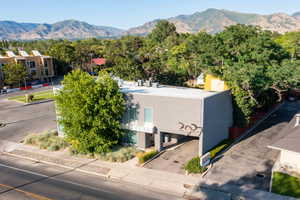Aerial view of a mountain backdrop