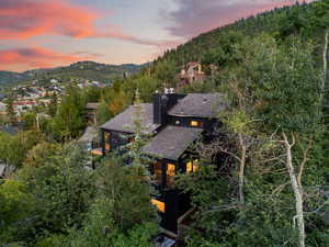 Aerial view at dusk of a mountain view