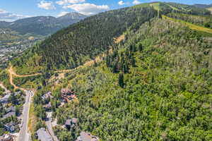 View of property location with a mountainous background and a heavily wooded area