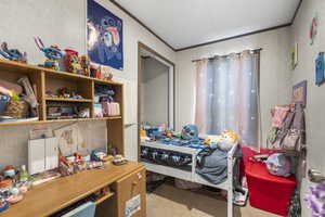 Carpeted bedroom featuring crown molding