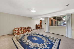 Living area with wood walls