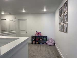 Recreation room featuring carpet floors and recessed lighting