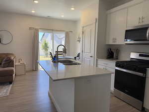Kitchen with stainless steel appliances, an island with sink, light wood-style flooring, light countertops, and recessed lighting