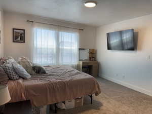 Carpeted bedroom with baseboards and a textured ceiling